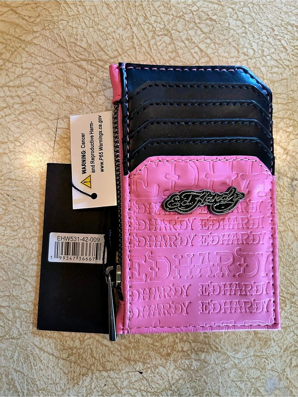 Ed Hardy Embossed Card Holder in Pink & Black